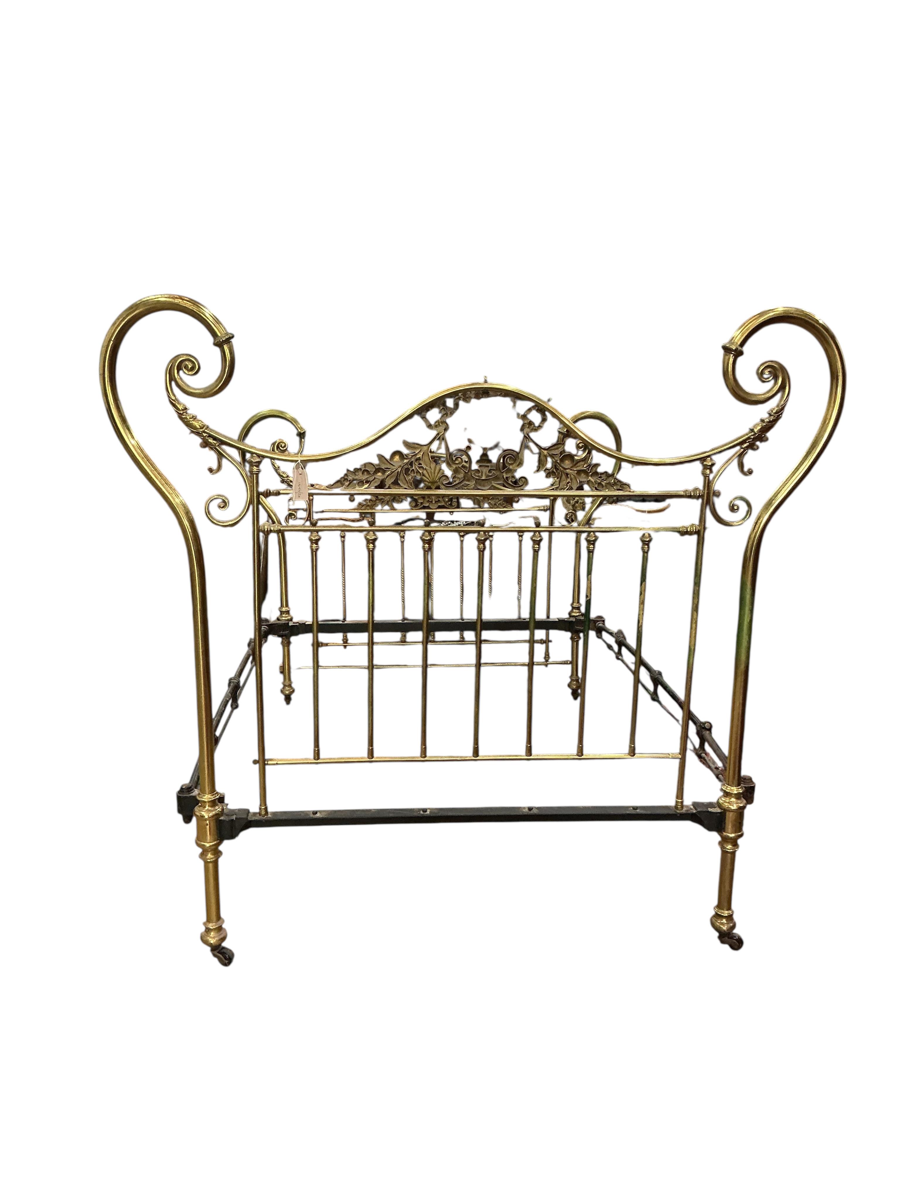 A late Victorian brass double bedframe, width 150cm, length 208cm, height 165cm